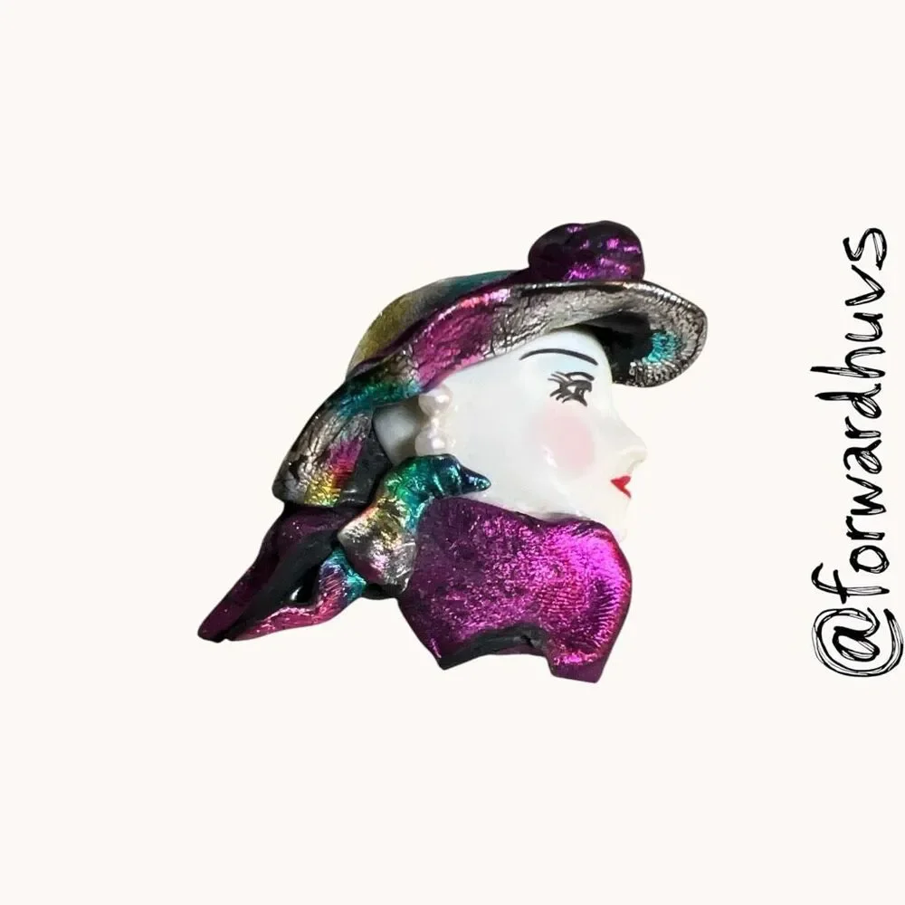 Vintage Style Lady Head Brooch Iridescent Resin Pin